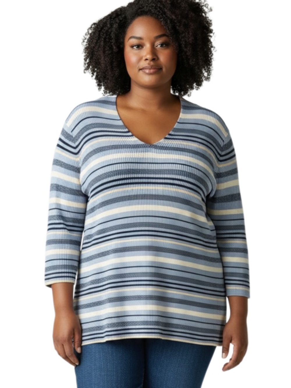 Liz Claiborne Blue and White Striped V-Neck Knit Top